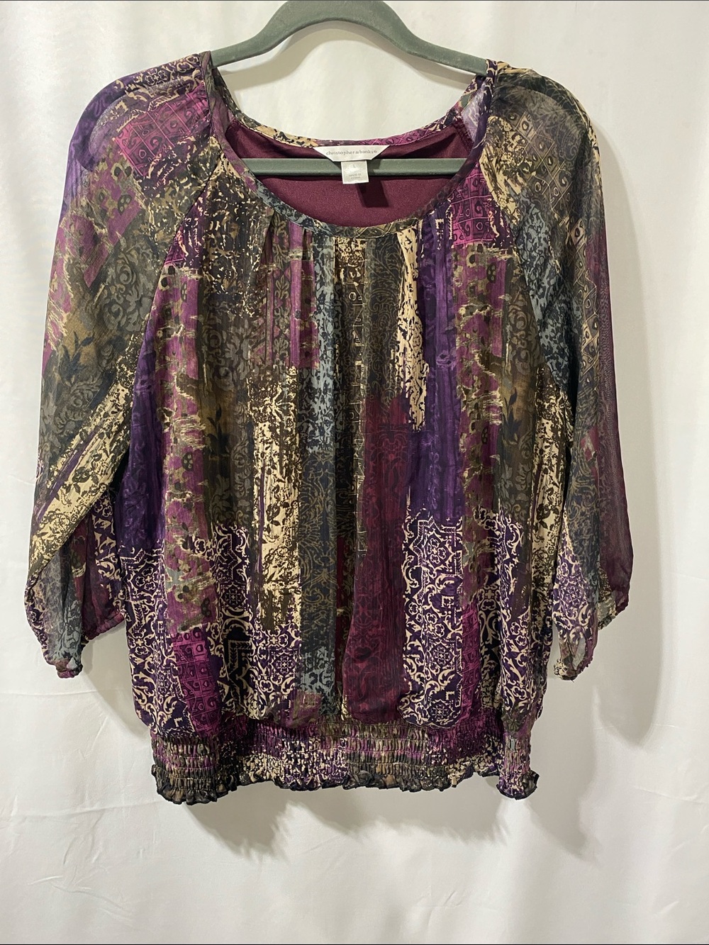Christopher & Banks Purple Multi Sheer Blouson Top